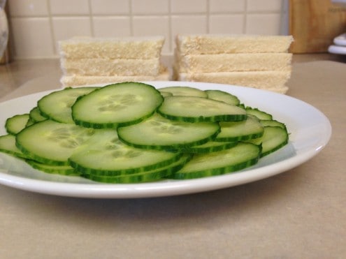 sliced cucumbers and bread